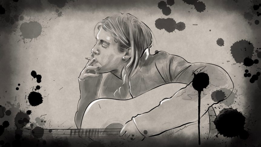 Illustration von Kurt Cobain in Schwarz-Weiß